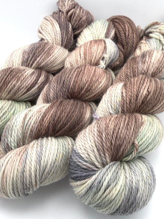 Hand dyed yarn uk, small batch yarn, fallow deer, DK, Aran, Sock, brown, grey and green tones.