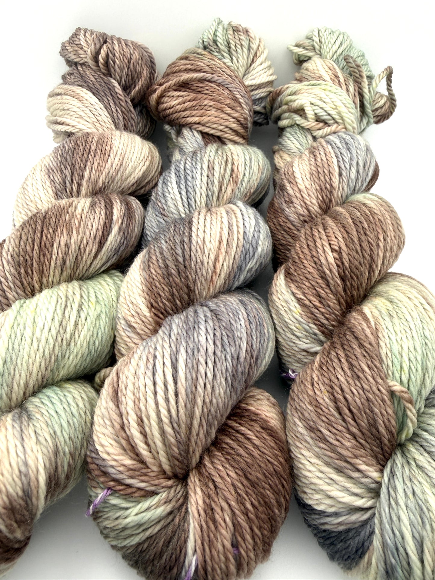 Hand dyed yarn uk, small batch yarn, fallow deer, DK, Aran, Sock, brown, grey and green tones.