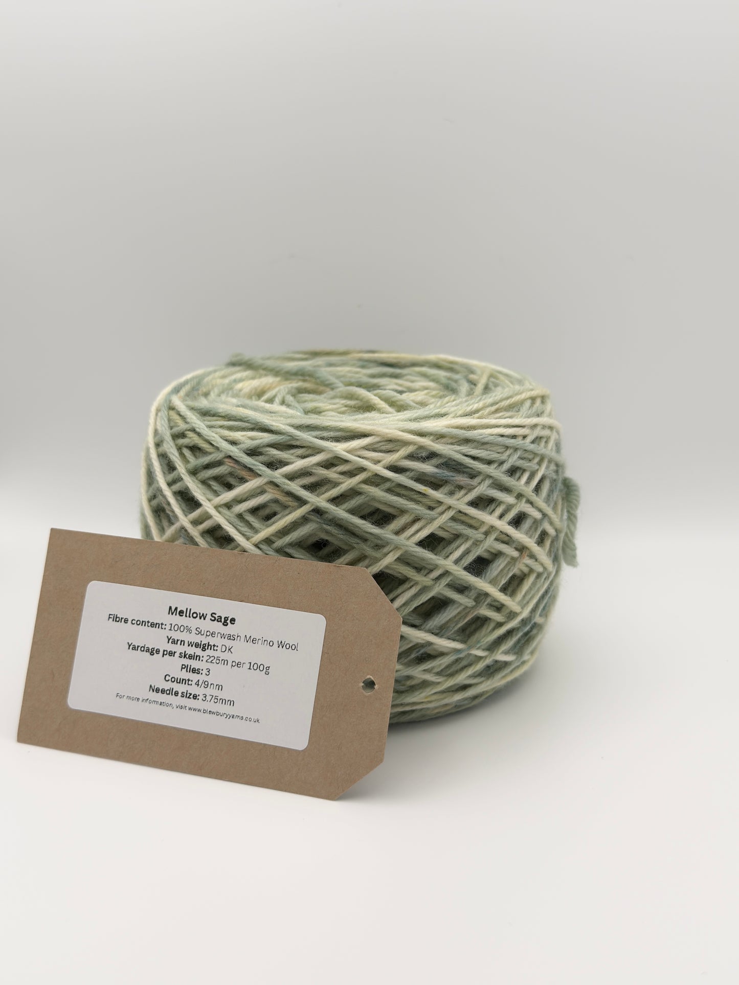 Hand dyed yarn available in 4ply sock, aran, DK in Mellow Sage colourway – green and neutral tones