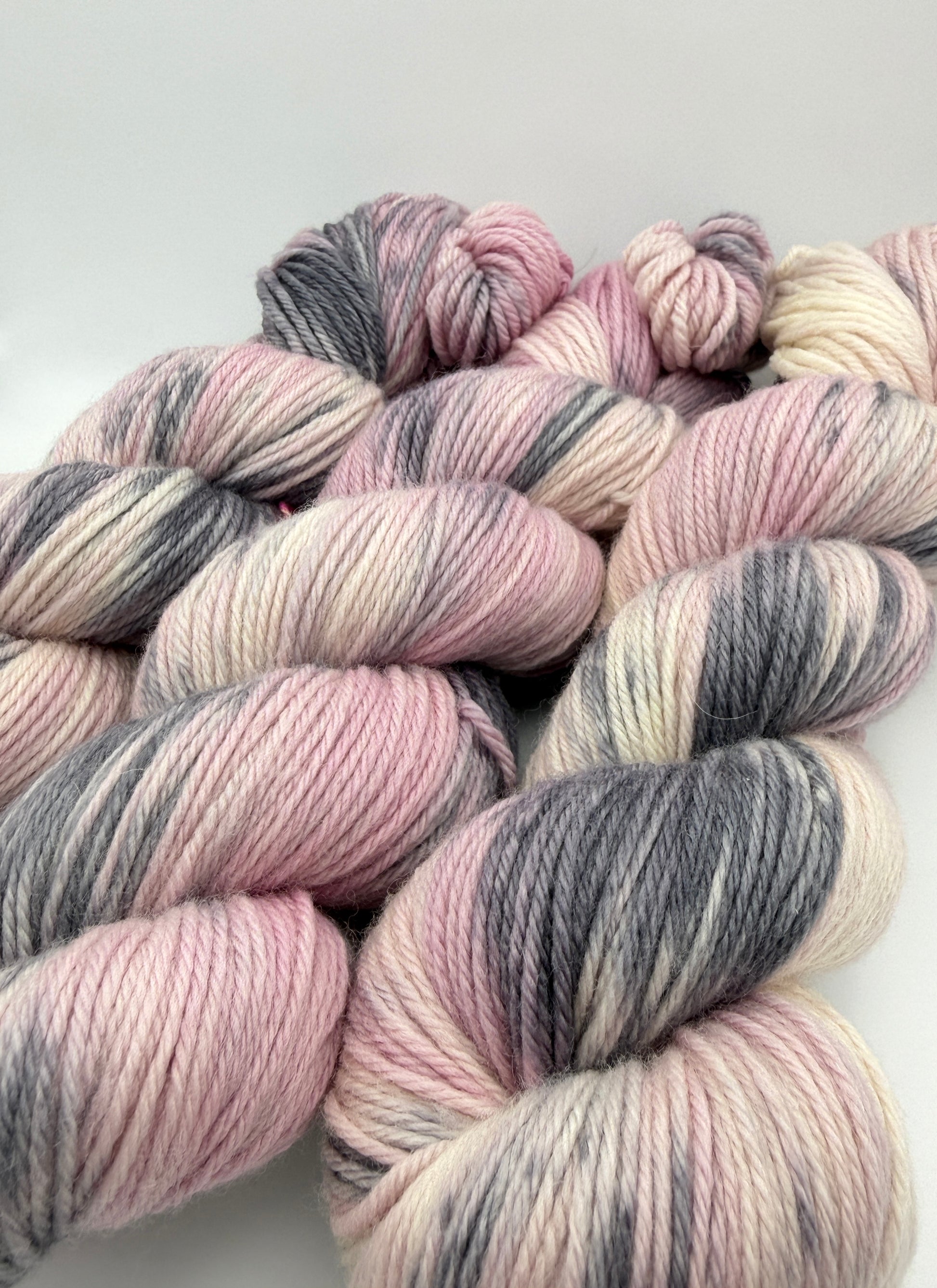 Hand dyed yarn UK available in DK, double knit, pink and grey tones