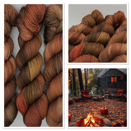 Autumn woodland cabin with a campfire, pumpkins and fallen leaves, the inspiration for Autumn Getaway hand dyed yarn