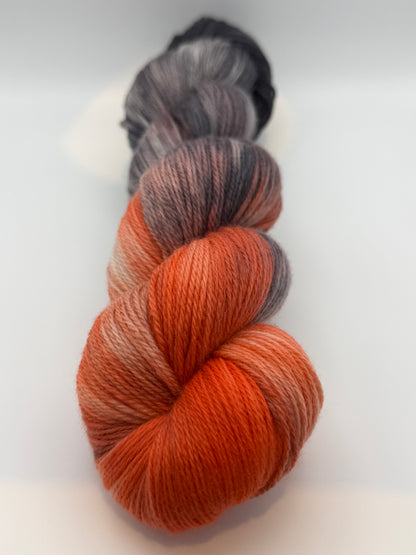 Hand dyed yarn uk, yarn dyed in small batches, Ashes & Embers available in Aran, DK 4 ply, sock, double knit, red, orange, grey tones.