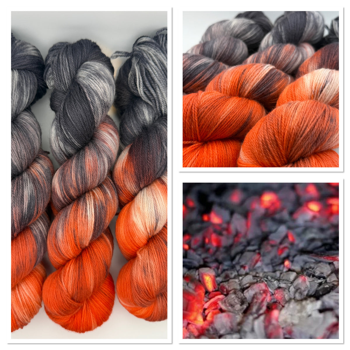 Hand dyed yarn uk, yarn dyed in small batches, Ashes & Embers available in Aran, DK 4 ply, sock, double knit, red, orange, grey tones.