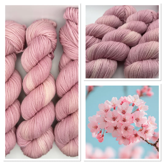 Hand dyed yarn uk, yarn dyed in small batches, Blossom available in Aran, DK 4 ply, sock, double knit, pink tones.
