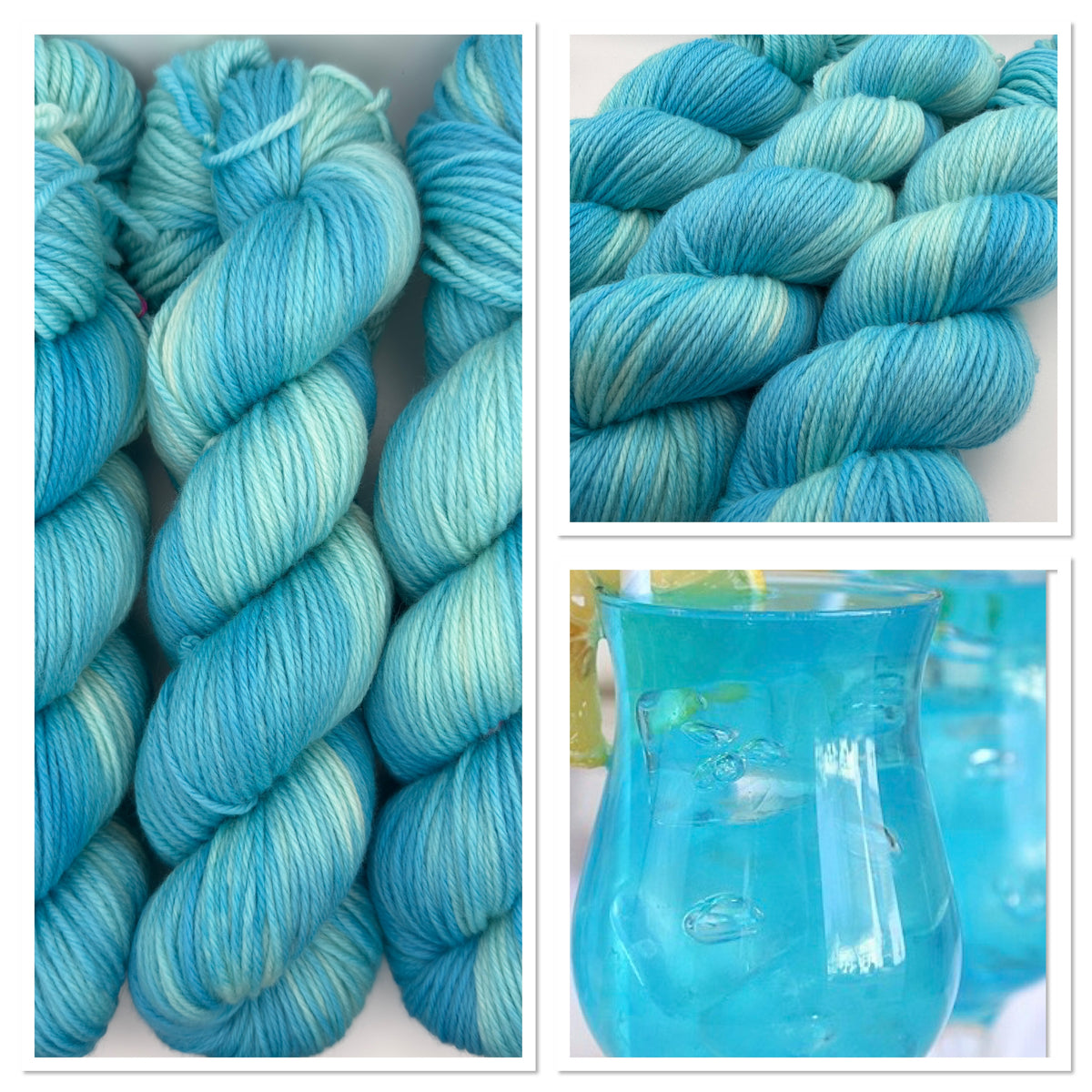 Hand dyed yarn available in 4ply sock, aran, DK in Blue Lagoon colourway – blue, teal, aqua tones