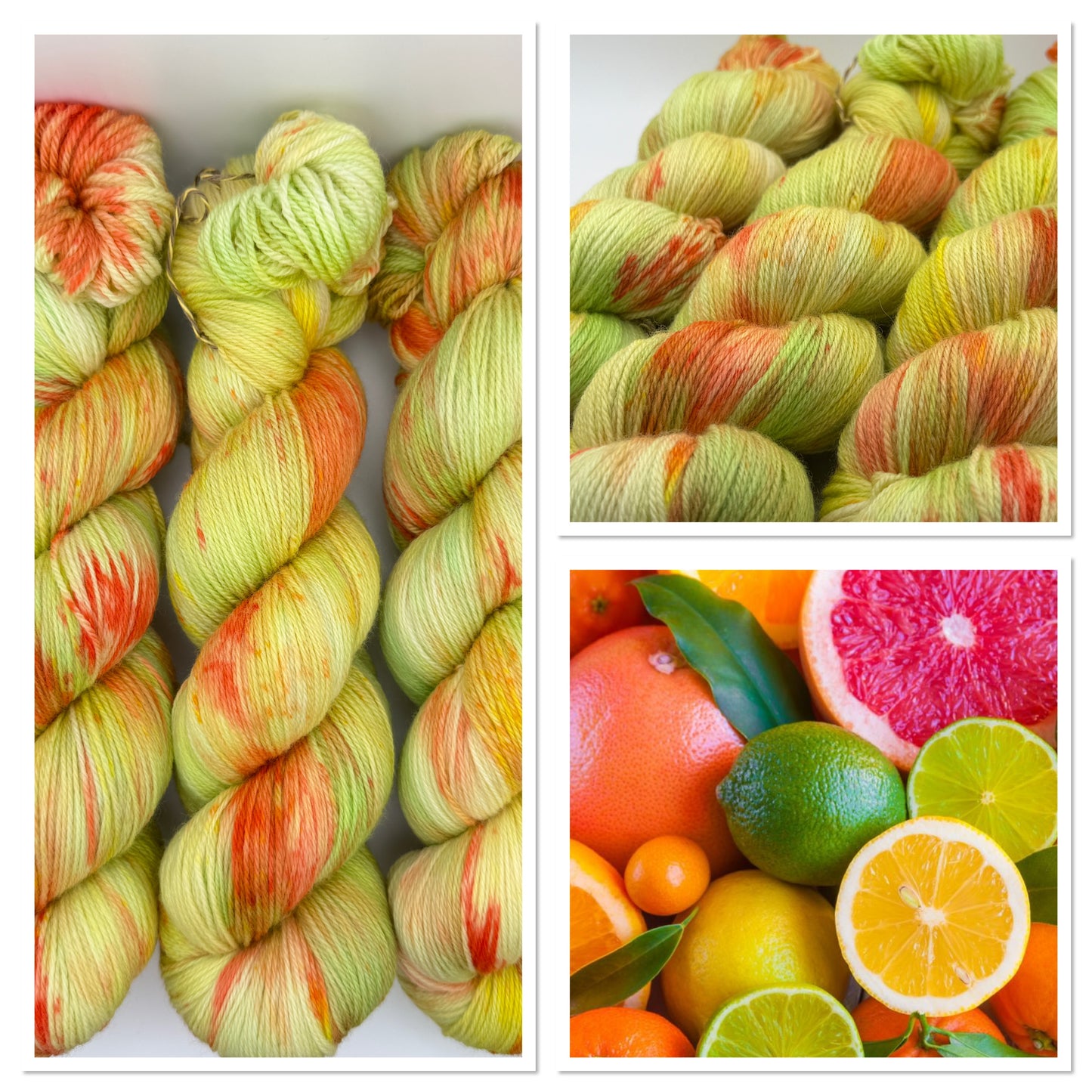 Hand dyed yarn in the UK dyed in small batches. Citrus Salad. Lemon, lime, orange, grapefruit tones.