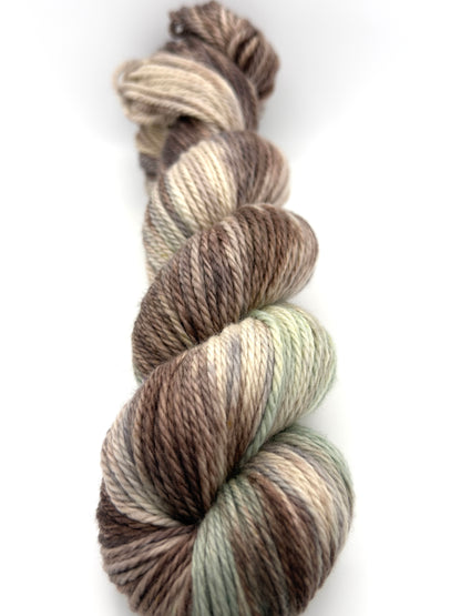 Hand dyed yarn uk, small batch yarn, fallow deer, DK, Aran, Sock, brown, grey and green tones.