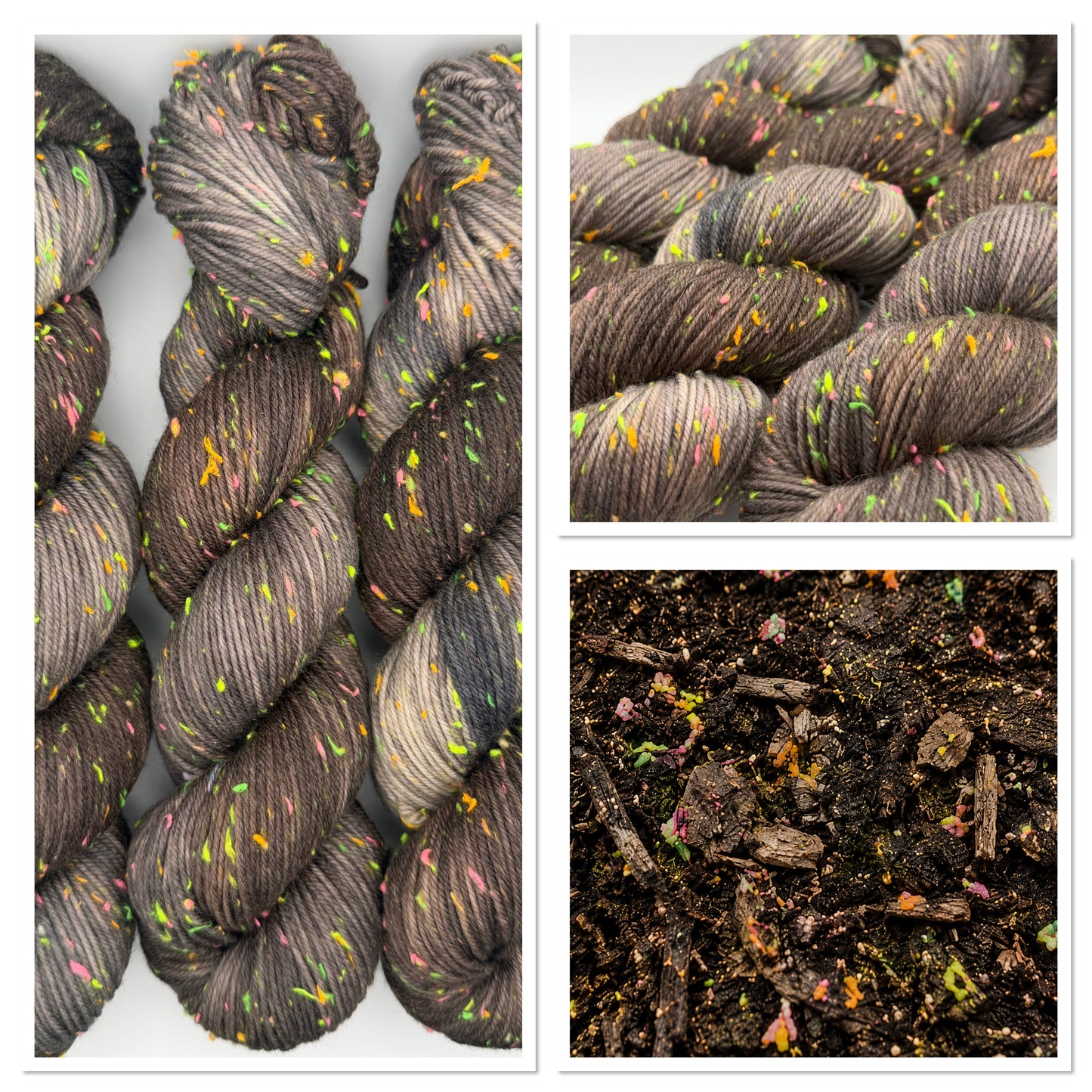 Hand dyed yarn in the UK dyed in small batches. Forest Floor, brown and grey tones with neo nep spekles.