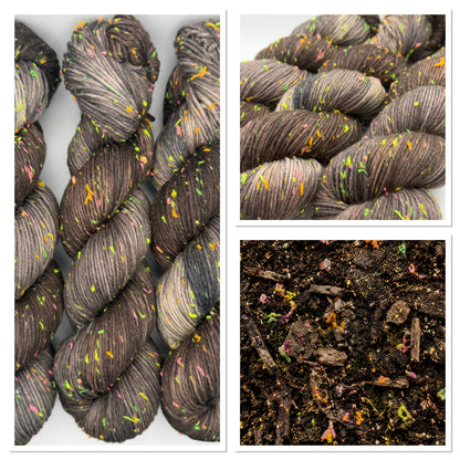 Hand dyed yarn in the UK dyed in small batches. Forest Floor, brown and grey tones with neo nep spekles.