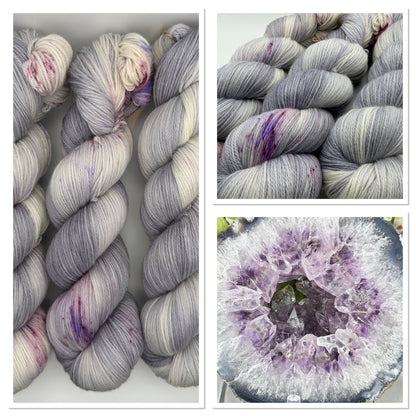 Hand dyed yarn uk, yarn dyed in small batches, geode available in Aran, DK 4 ply, sock, double knit, white, grey, purple tones.
