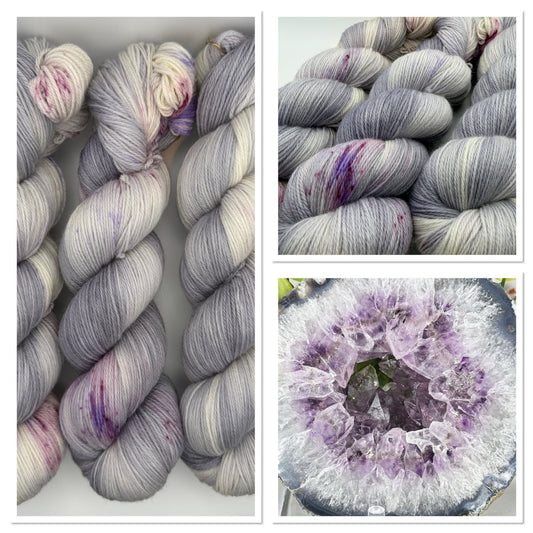 Hand dyed yarn uk, yarn dyed in small batches, geode available in Aran, DK 4 ply, sock, double knit, white, grey, purple tones.