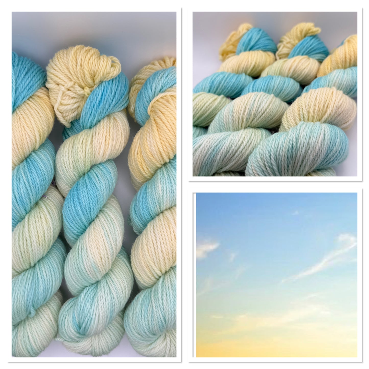 Hand dyed yarn UK available in 4ply sock, aran, DK in Honeydew Sky colourway – Lemon and Blue tones.