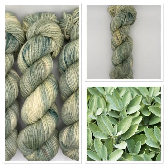 Hand dyed yarn uk availabke in 4ply sock, aran, DK in Mellow Sage colourway – Greean and neutral tones - speckled yarn