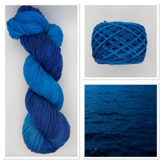 Hand dyed 4ply sock dk aran yarn in Midnight Tide colourway – blue and teal tones