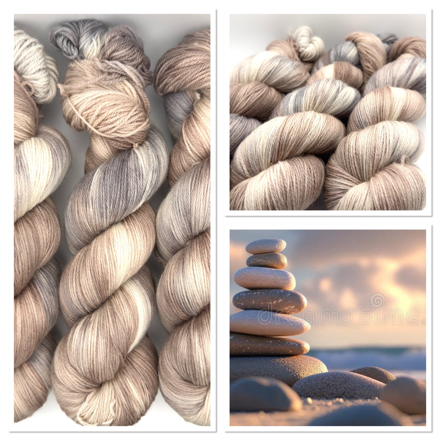 Hand dyed yarn UK available in 4ply sock, aran, DK in Pebble Shore colourway – neutral and grey tones.