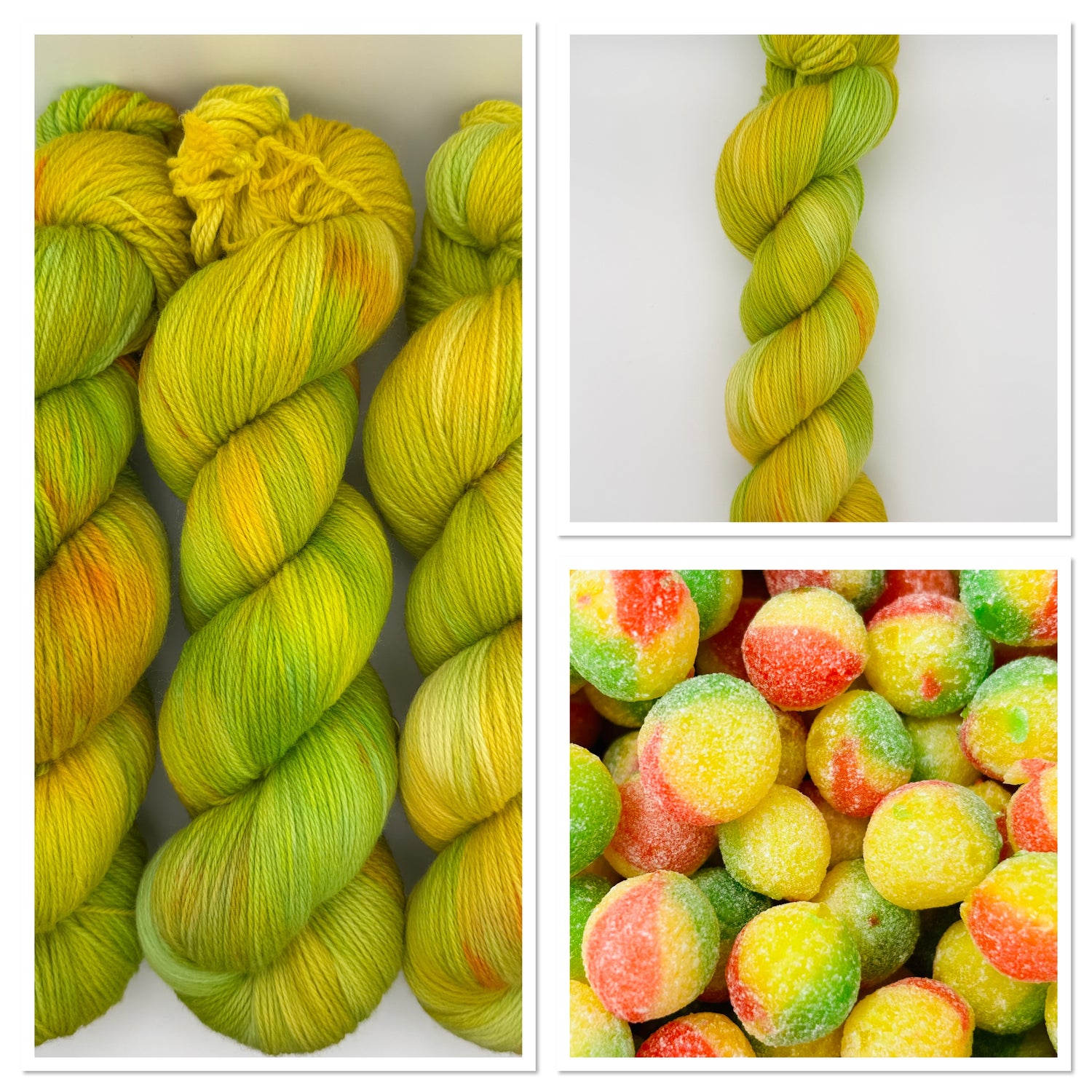 Hand dyed yarn available in 4ply sock, aran, DK in Sour Candy colourway – green and yellow tones with orange speckled yarn