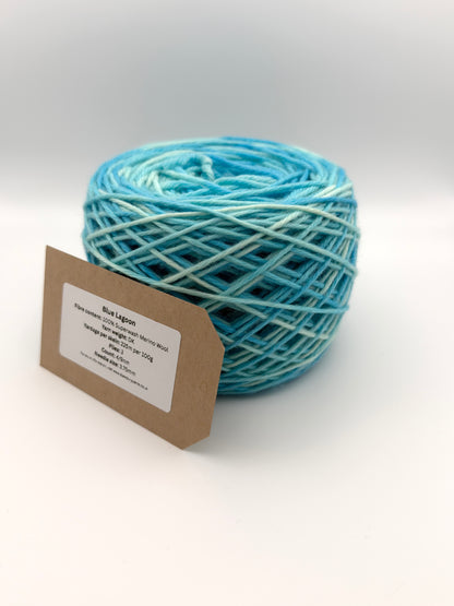 Hand dyed yarn available in 4ply sock, aran, DK in Blue Lagoon colourway – blue, teal, aqua tones