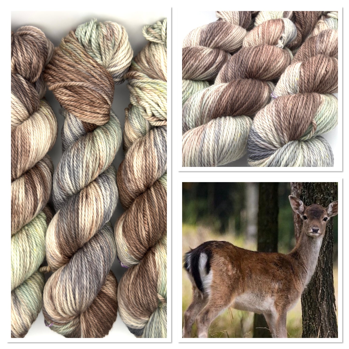 Hand dyed yarn uk, small batch yarn, fallow deer, DK, Aran, Sock, brown, grey and green tones.