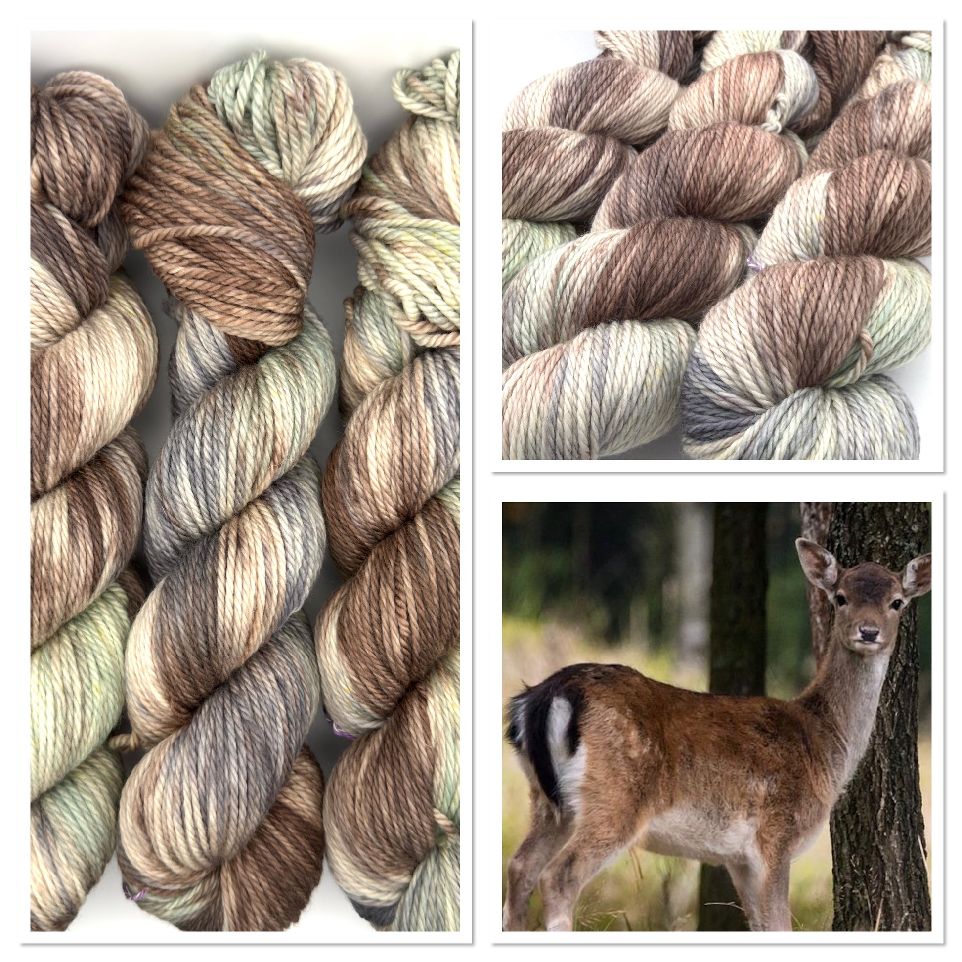Hand dyed yarn uk, small batch yarn, fallow deer, DK, Aran, Sock, brown, grey and green tones.