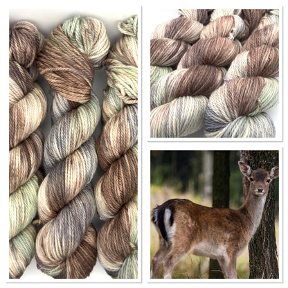 Hand dyed yarn uk, small batch yarn, fallow deer, DK, Aran, Sock, brown, grey and green tones.