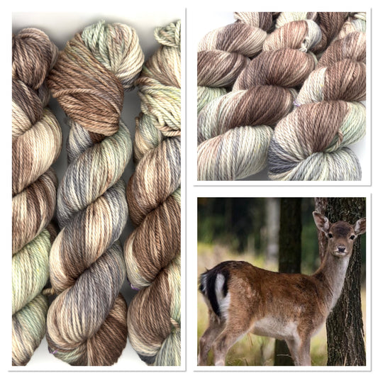 Hand dyed yarn uk, small batch yarn, fallow deer, DK, Aran, Sock, brown, grey and green tones.