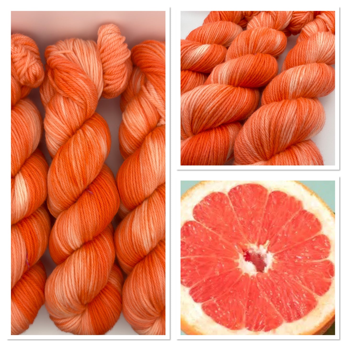 Hand dyed yarn UK available in 4ply sock, aran, DK in Grapefruit Twist colourway – Coral and Citrus tones.