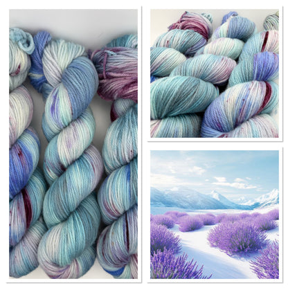 Hand dyed yarn in the UK, available in DK, Double knit, aran, sock, 4ply, fingering weights. Blue and purple tones.