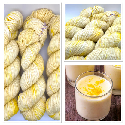 Hand dyed yarn UK available in 4ply sock, aran, DK in Lemon Posset colourway – Lemon, Yellow and Citrus tones.