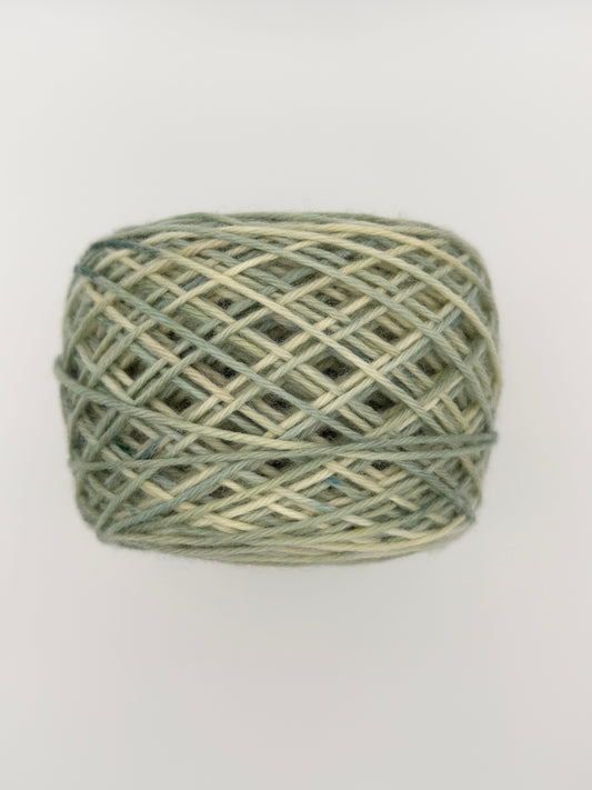 Hand dyed yarn available in 4ply sock, aran, DK in Mellow Sage colourway – green and neutral tones