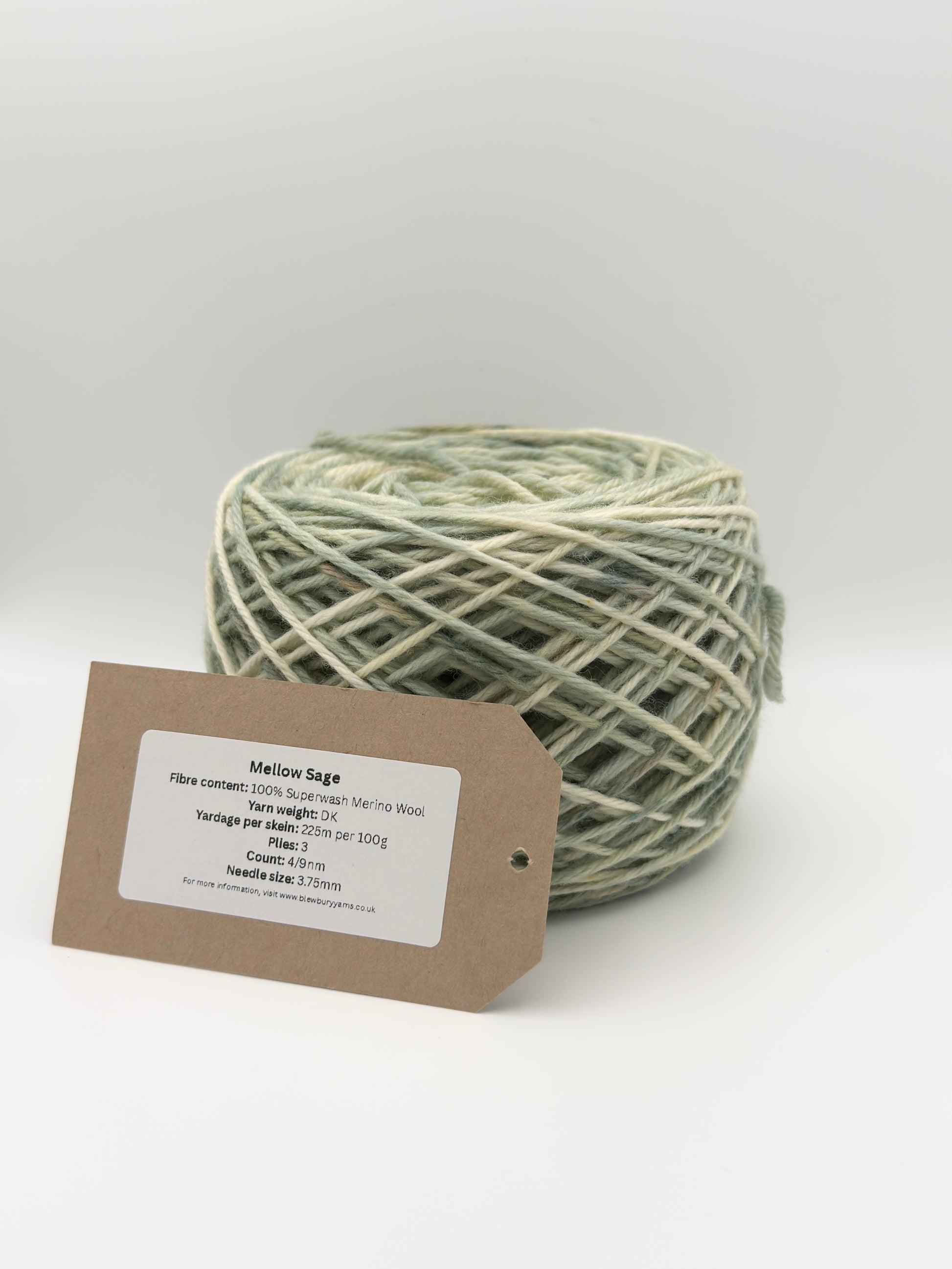 Hand dyed yarn available in 4ply sock, aran, DK in Mellow Sage colourway – green and neutral tones