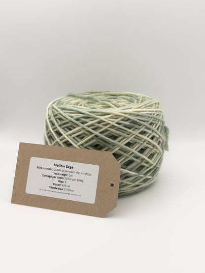 Hand dyed yarn available in 4ply sock, aran, DK in Mellow Sage colourway – green and neutral tones