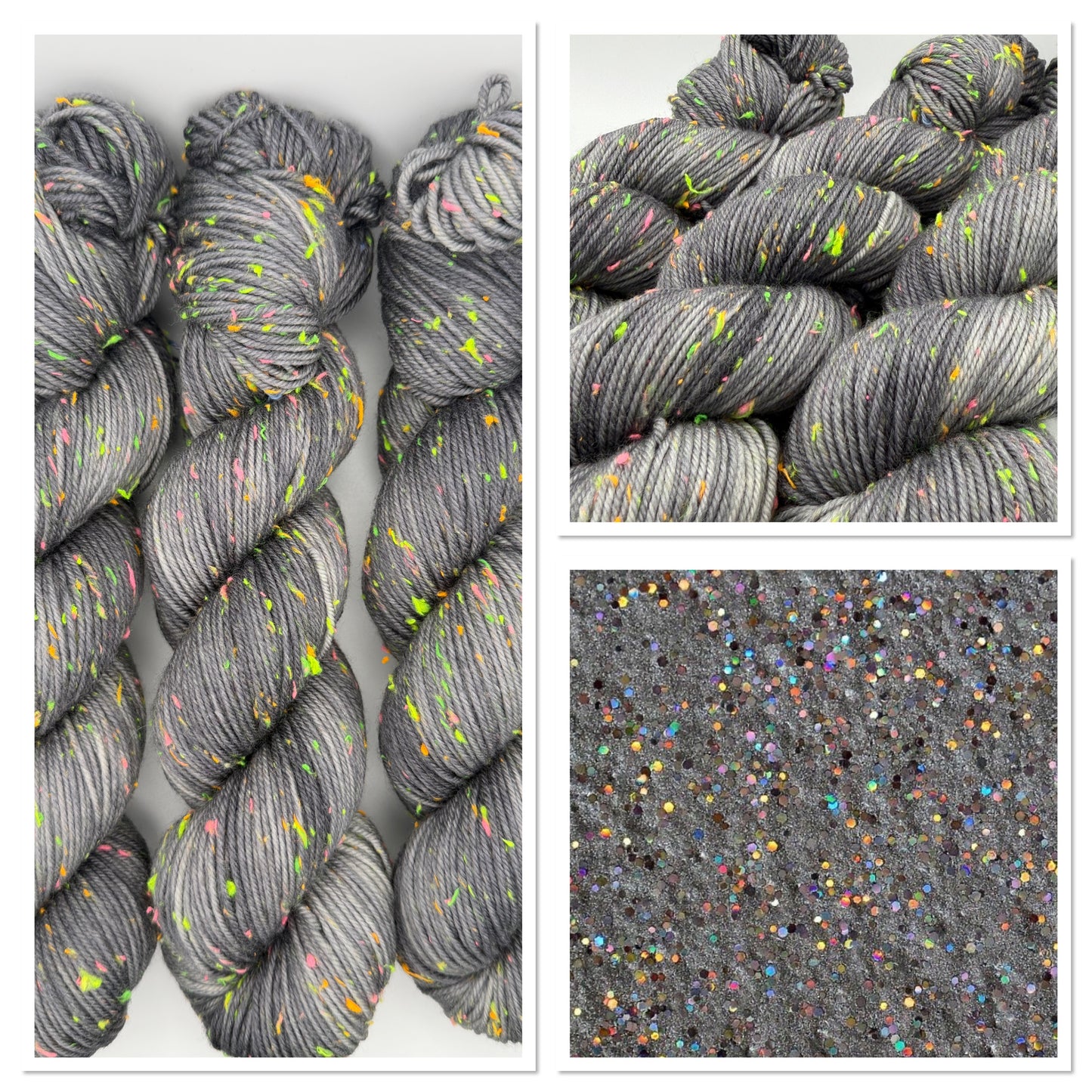 Hand dyed yarn in the UK dyed in small batches. Neon Dust, grey tones with neo nep speckles.