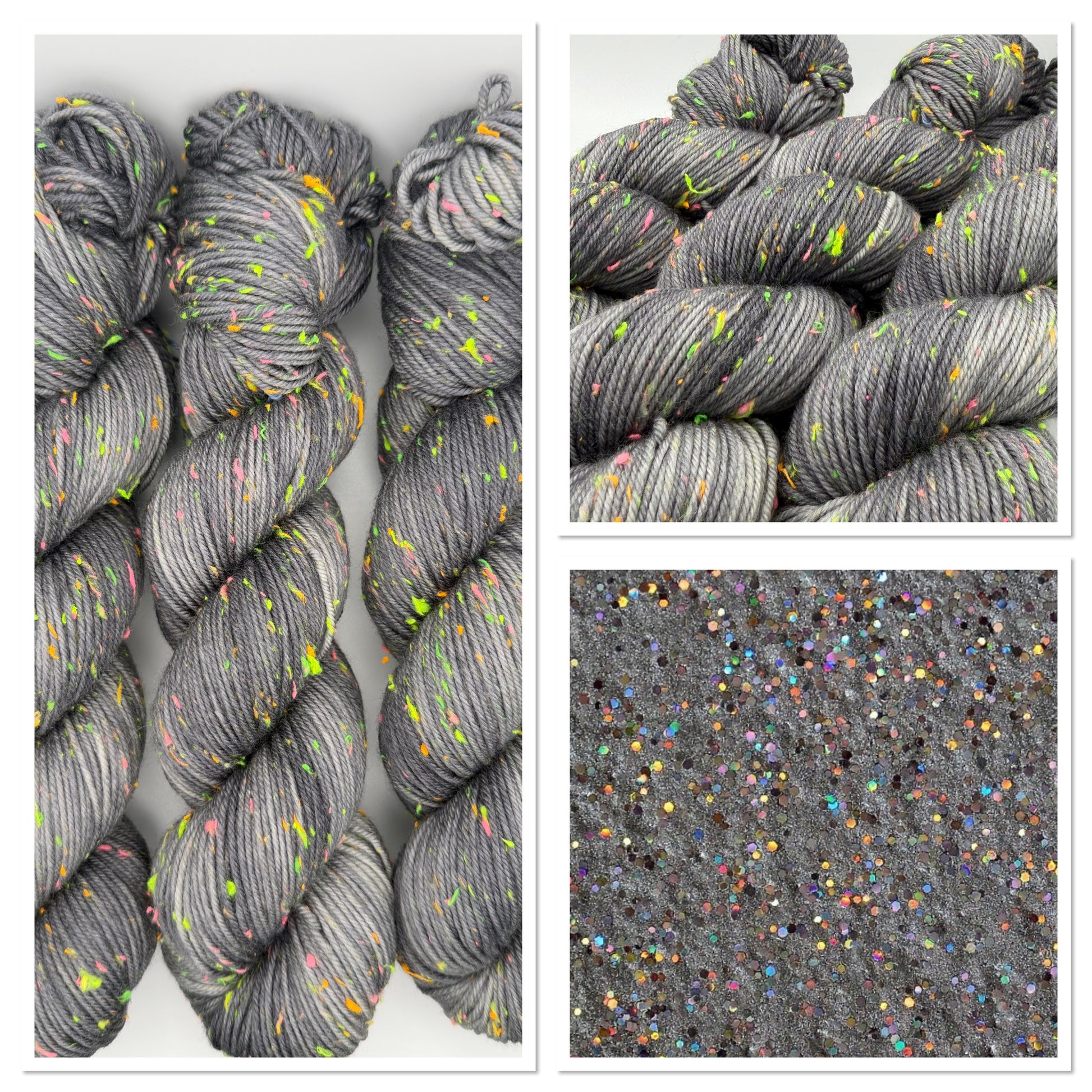 Hand dyed yarn in the UK dyed in small batches. Neon Dust, grey tones with neo nep speckles.