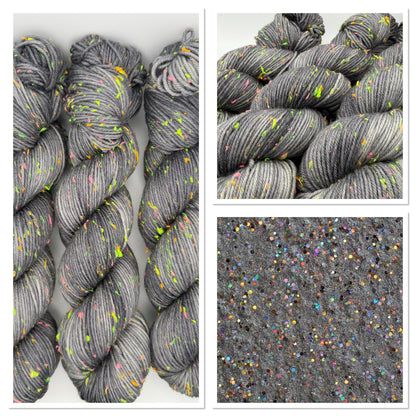 Hand dyed yarn in the UK dyed in small batches. Neon Dust, grey tones with neo nep speckles.