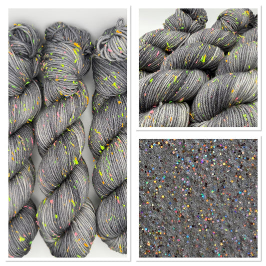 Hand dyed yarn in the UK dyed in small batches. Neon Dust, grey tones with neo nep speckles.