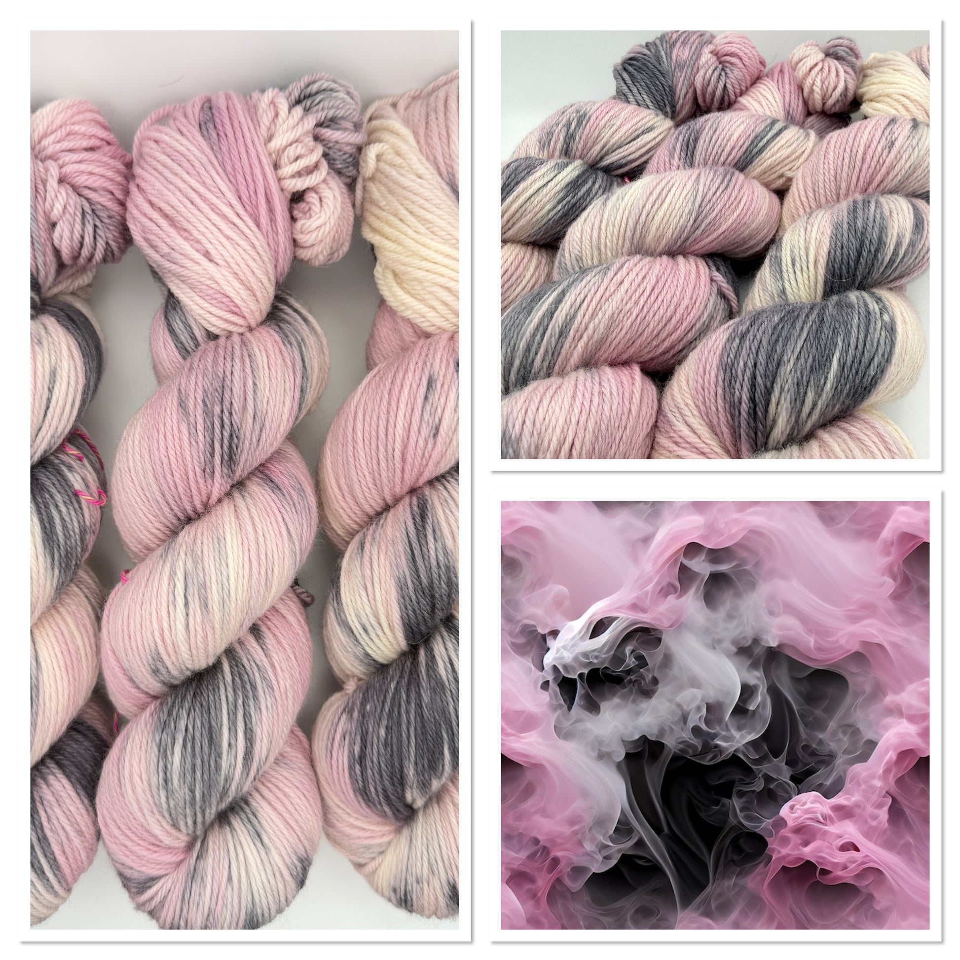 Hand dyed yarn UK available in DK, double knit, pink and grey tones, small batch yarn dyer