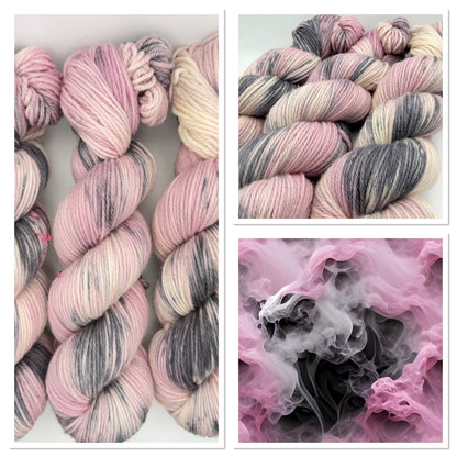Hand dyed yarn UK available in DK, double knit, pink and grey tones, small batch yarn dyer