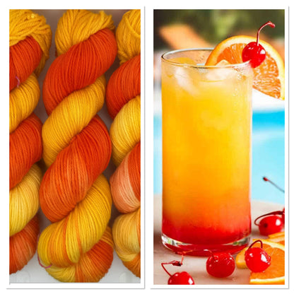 Hand dyed yarn available in DK, Aran, 4ply sock yarn in Tequila Sunrise colourway – orange and yellow tones