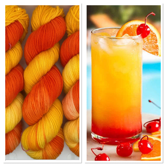 Hand dyed yarn available in DK, Aran, 4ply sock yarn in Tequila Sunrise colourway – orange and yellow tones