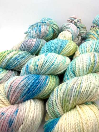 Hand dyed yarn uk, yarn dyed in small batches, Washed up available in Aran, DK 4 ply, sock, double knit, blue, yellow, green, pink tones.