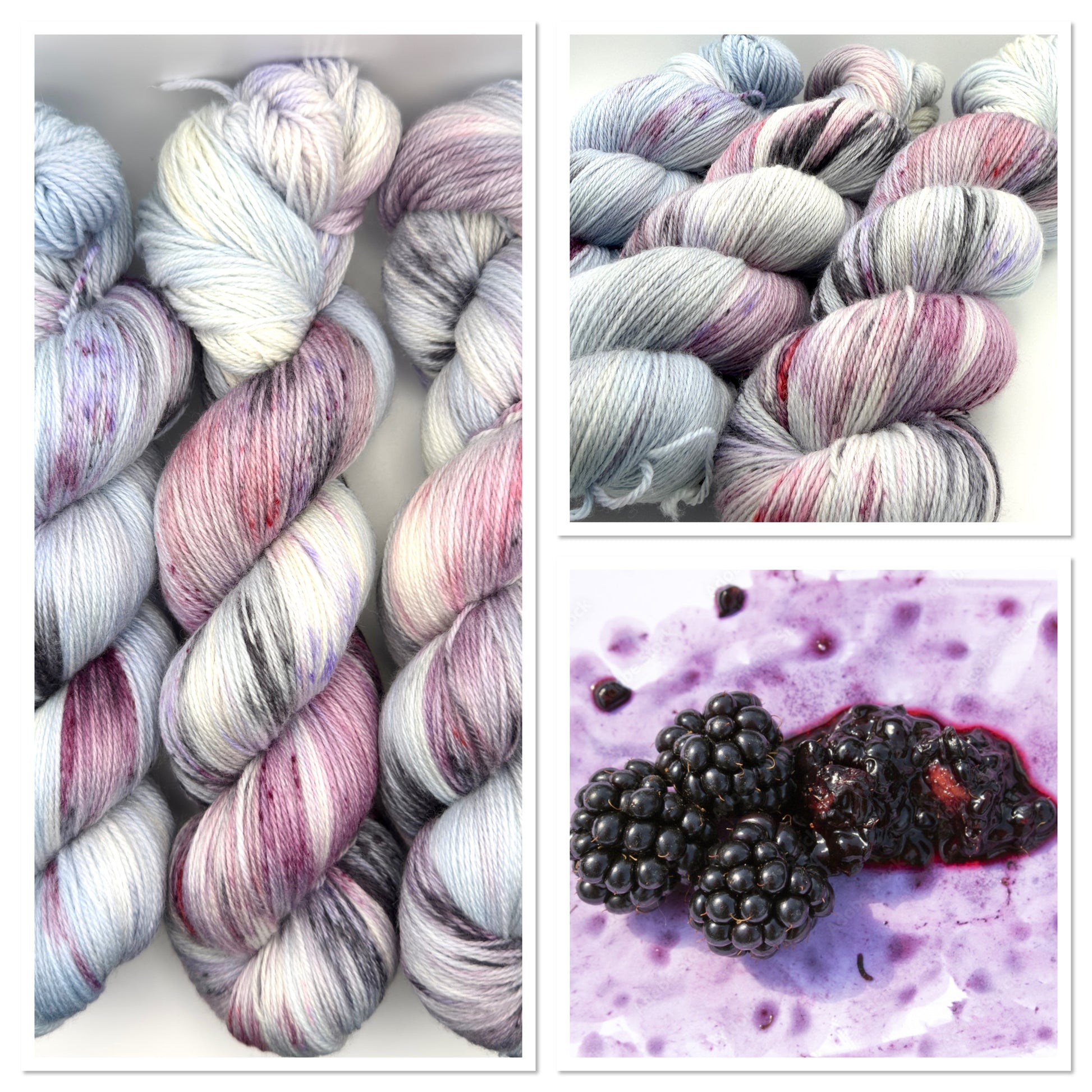 Hand dyed yarn UK available in 4ply sock, aran, DK in Very Berry colourway – blue, purple and neutral tones.