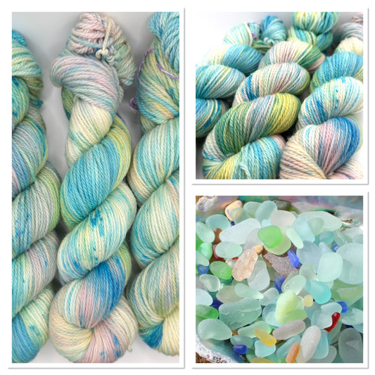 Hand dyed yarn uk, yarn dyed in small batches, Washed up available in Aran, DK 4 ply, sock, double knit, blue, yellow, green, pink tones.